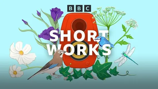 BBC Radio 4 Short Works artwork — an illustrated red radio surrounded by birds, flowers and ivy on a pale blue background